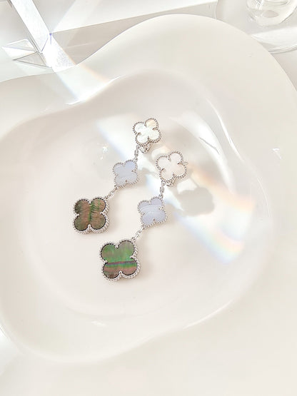 [⭐Hevara Jewelry]CLOVER 3 MOTIFS CHALCEDONY DARK MOP SILVER EARRINGS