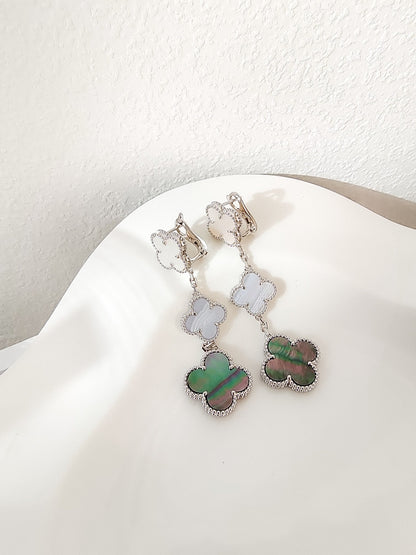 [⭐Hevara Jewelry]CLOVER 3 MOTIFS CHALCEDONY DARK MOP SILVER EARRINGS