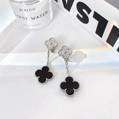 [⭐Hevara Jewelry]CLOVER 2 MOTIFS  DIAMOND ONYX EARRINGS SILVER