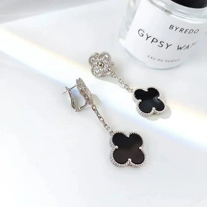 [⭐Hevara Jewelry]CLOVER 2 MOTIFS  DIAMOND ONYX EARRINGS SILVER