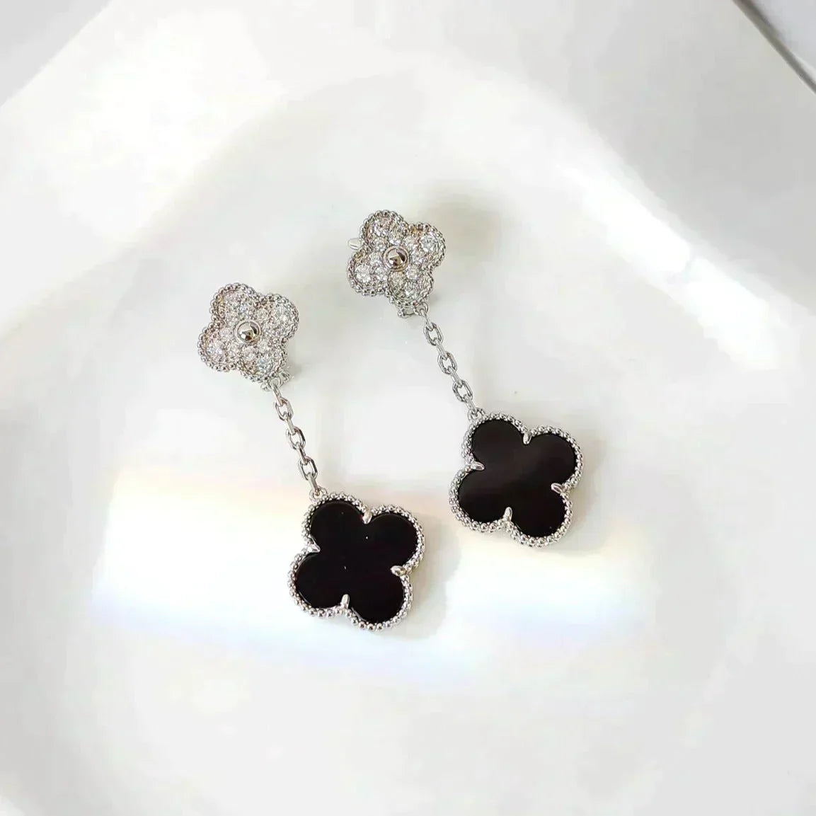 [⭐Hevara Jewelry]CLOVER 2 MOTIFS  DIAMOND ONYX EARRINGS SILVER