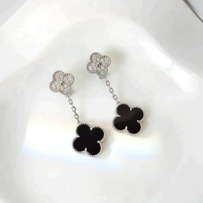 [⭐Hevara Jewelry]CLOVER 2 MOTIFS  DIAMOND ONYX EARRINGS SILVER