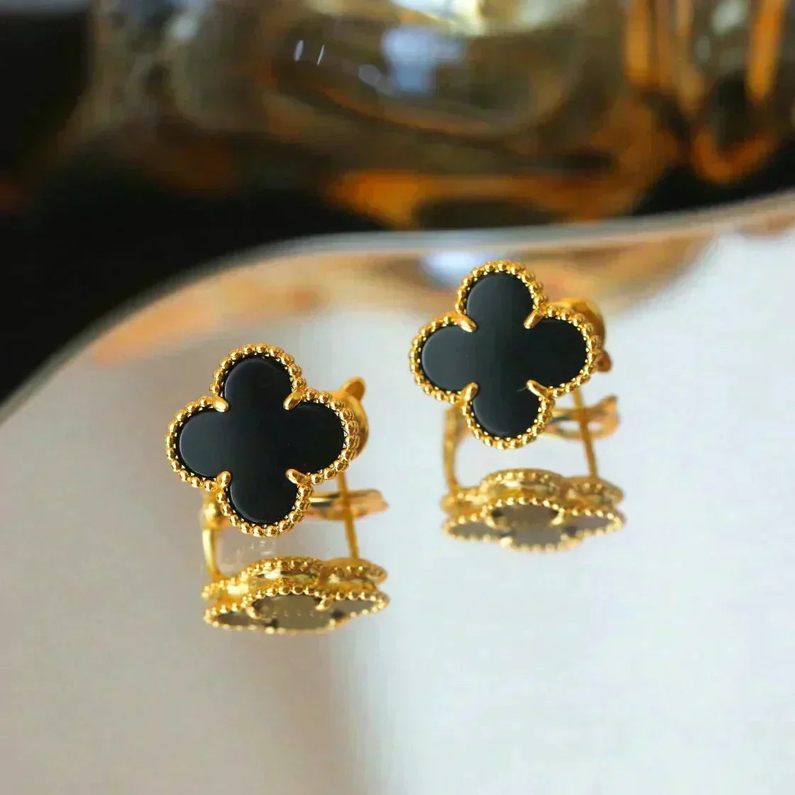 [⭐Hevara Jewelry]CLOVER MEDIUM 1 MOTIFS  ONYX STUD EARRINGS