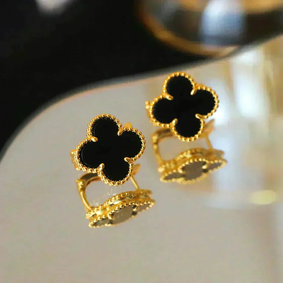 [⭐Hevara Jewelry]CLOVER MEDIUM 1 MOTIFS  ONYX STUD EARRINGS