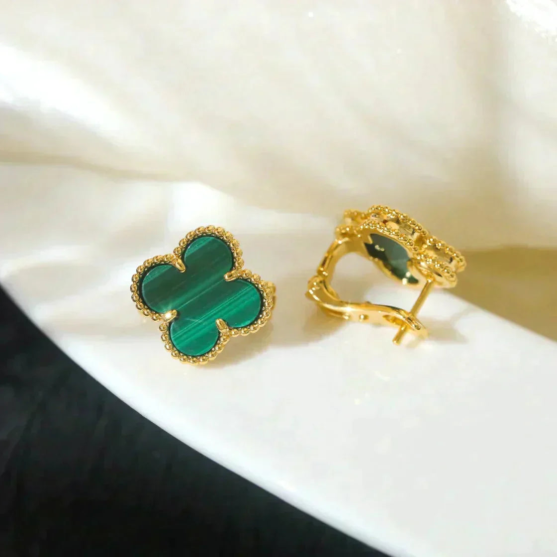 [⭐Hevara Jewelry]CLOVER MEDIUM 1 MOTIFS MALACHITE  EARRINGS