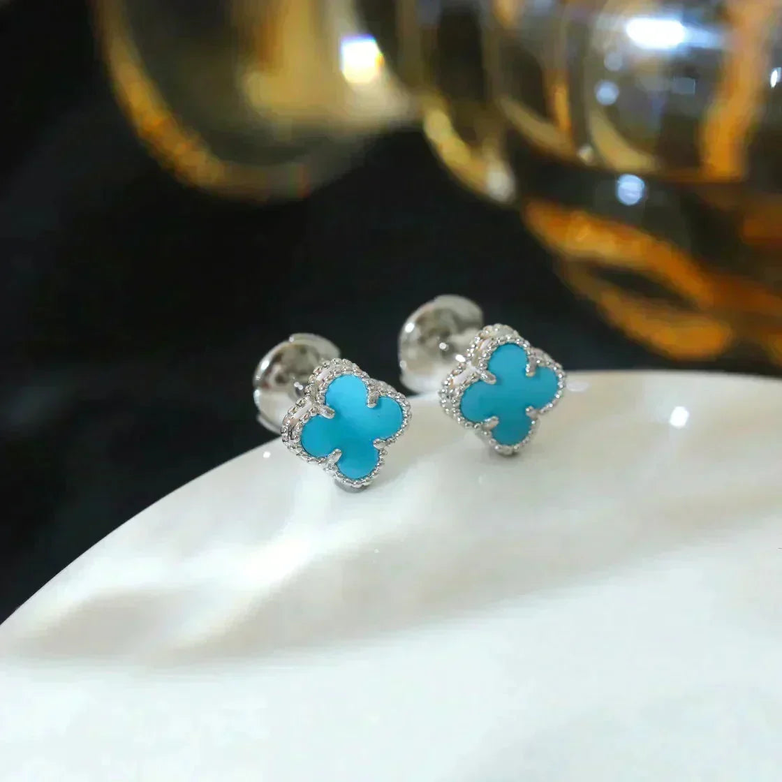 [⭐Hevara Jewelry]CLOVER MINI 9.5MM ONYX STUD EARRINGS SILVER