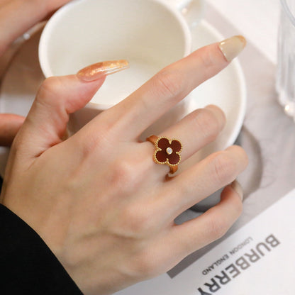 [⭐Hevara Jewelry]CLOVER CARNELIAN RING ROSE GOLD DIAMOND