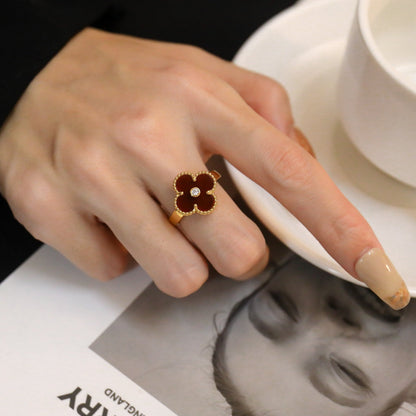 [⭐Hevara Jewelry]CLOVER CARNELIAN RING ROSE GOLD DIAMOND