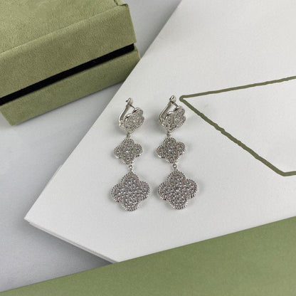 [⭐Hevara Jewelry]CLOVER 3 MOTIF DIAMOND SILVER DROP EARRINGS