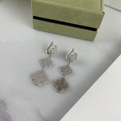 [⭐Hevara Jewelry]CLOVER 3 MOTIF DIAMOND SILVER DROP EARRINGS