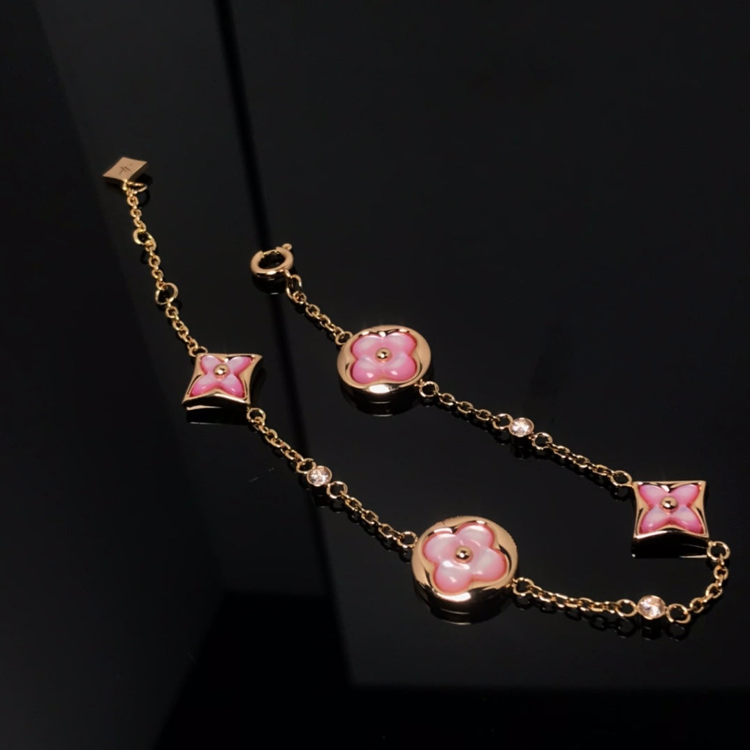 [⭐Hevara Jewelry]STAR AND SUN 4 MOTIF PINK MOP PINK GOLD BRACELET