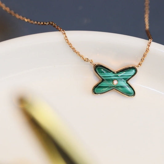 [⭐Hevara Jewelry]JEUX MALACHITE 1 DIAMOND PINK GOLD NECKLACE