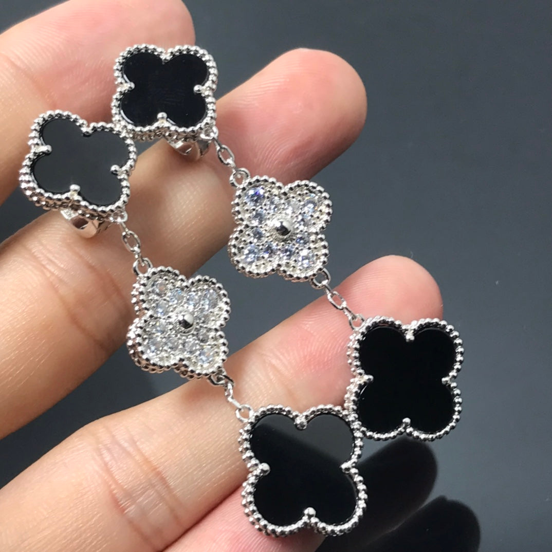 [⭐Hevara Jewelry]CLOVER 3 MOTIF DIAMOND ONYX SILVER EARRINGS