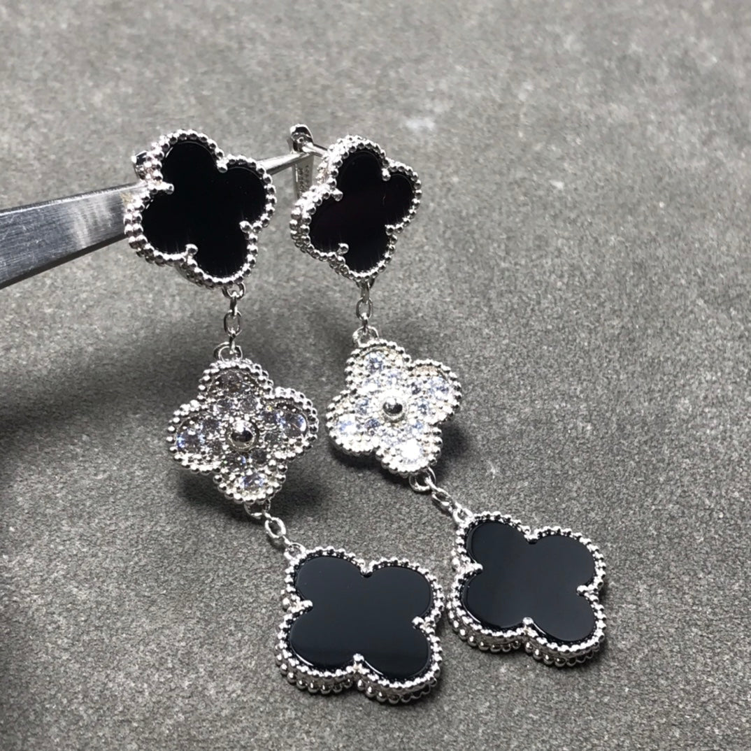 [⭐Hevara Jewelry]CLOVER 3 MOTIF DIAMOND ONYX SILVER EARRINGS