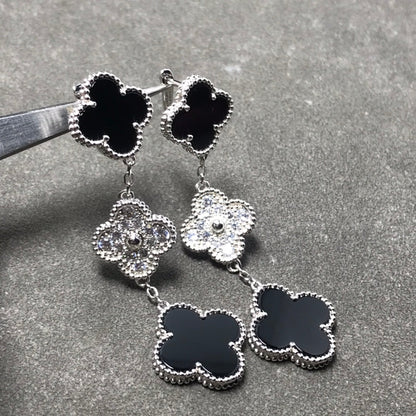 [⭐Hevara Jewelry]CLOVER 3 MOTIF DIAMOND ONYX SILVER EARRINGS