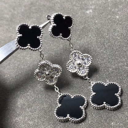 [⭐Hevara Jewelry]CLOVER 3 MOTIF DIAMOND ONYX SILVER EARRINGS