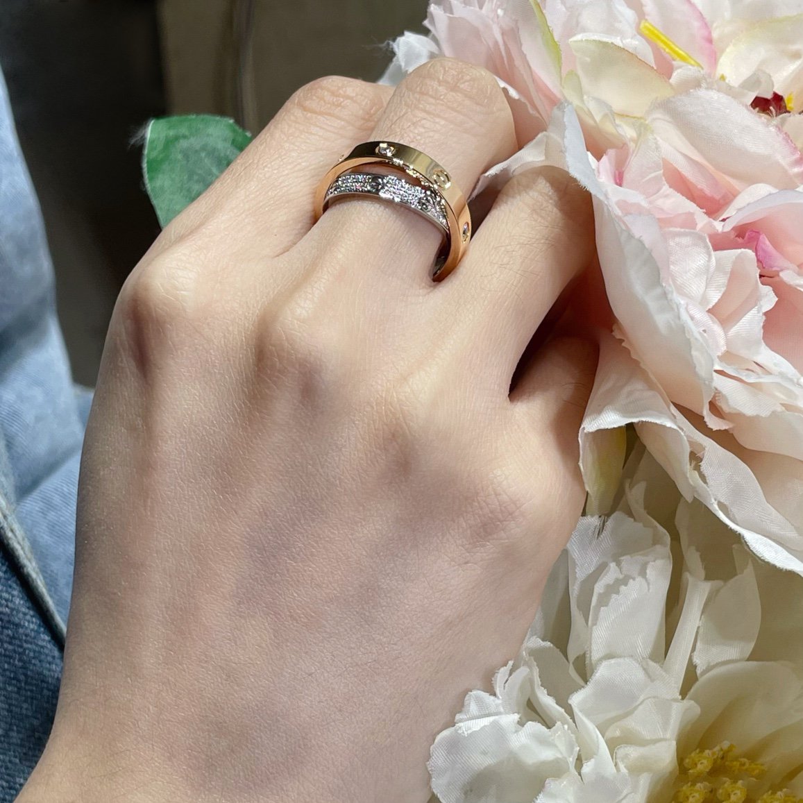 [⭐Hevara Jewelry]LOVE PINK GOLD SILVER DIAMOND DOUBLE RING