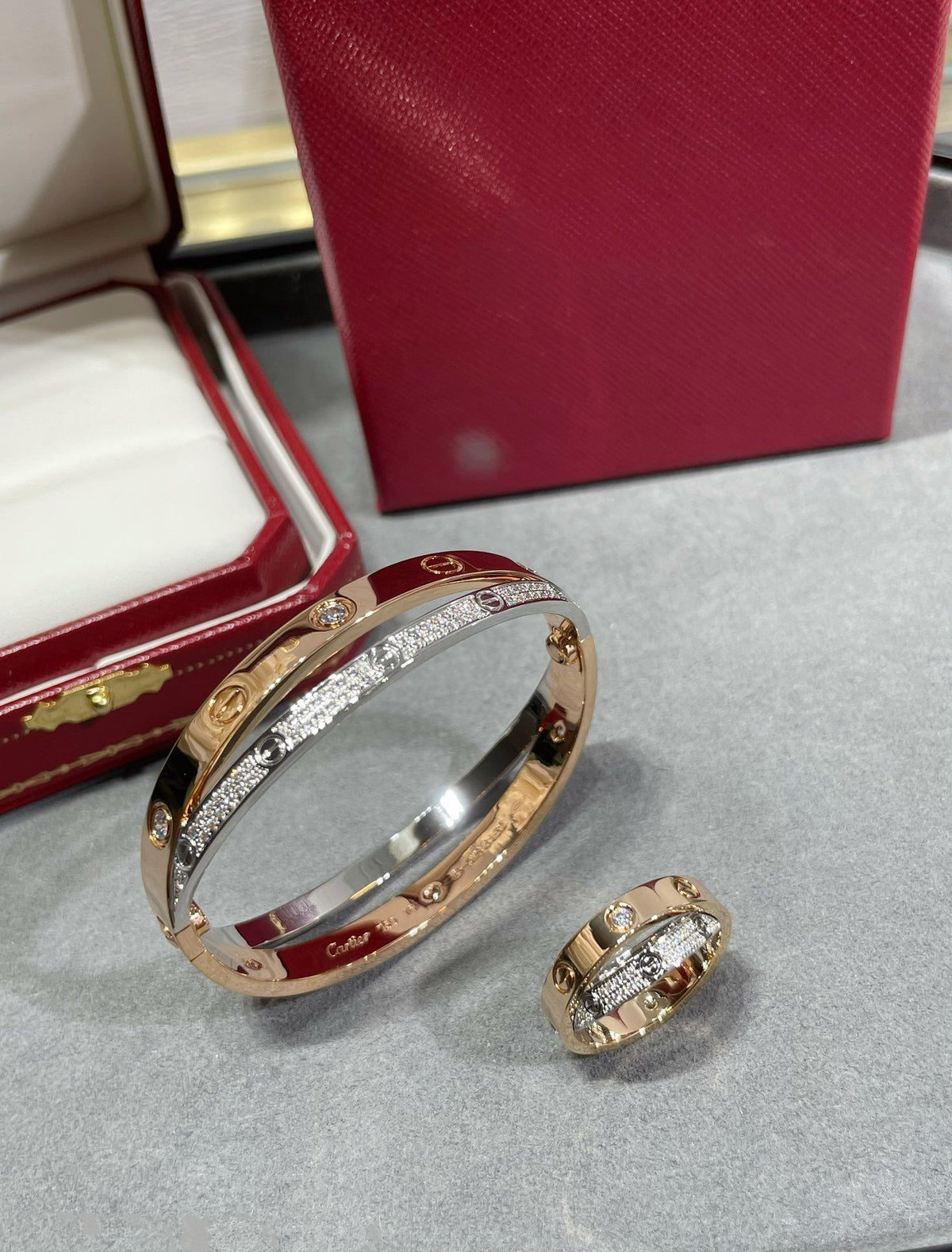 [⭐Hevara Jewelry]LOVE PINK GOLD SILVER DIAMOND DOUBLE RING