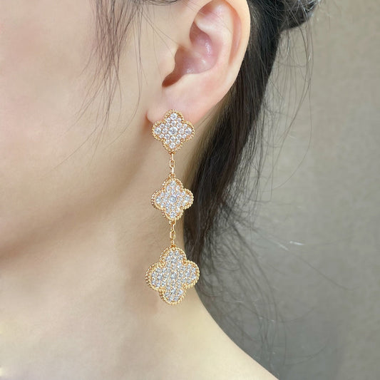[⭐Hevara Jewelry]CLOVER 3 MOTIFS DIAMOND PAVED ROSE GOLD EARRINGS