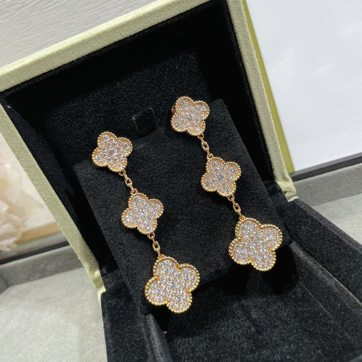 [⭐Hevara Jewelry]CLOVER 3 MOTIFS DIAMOND PAVED ROSE GOLD EARRINGS