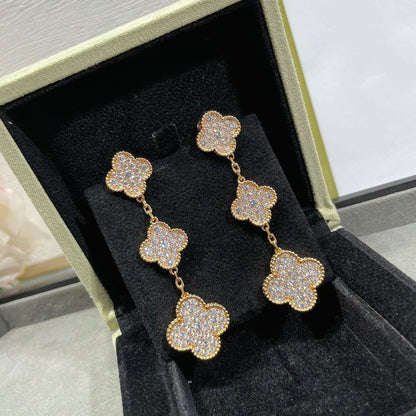 [⭐Hevara Jewelry]CLOVER 3 MOTIFS DIAMOND PAVED ROSE GOLD EARRINGS
