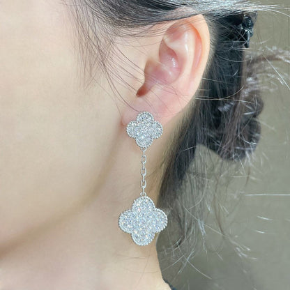[⭐Hevara Jewelry]CLOVER 2 MOTIFS DIAMOND PAVED SILVER EARRINGS