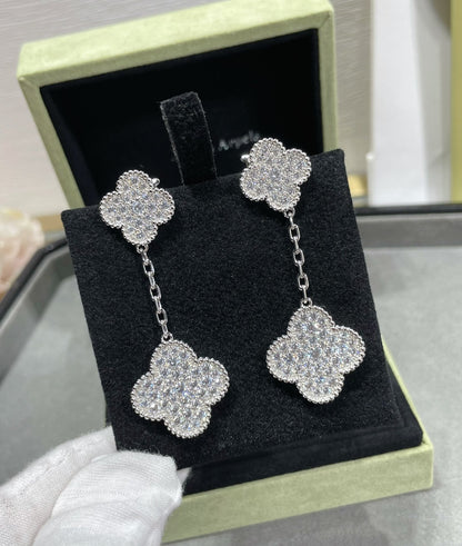 [⭐Hevara Jewelry]CLOVER 2 MOTIFS DIAMOND PAVED SILVER EARRINGS