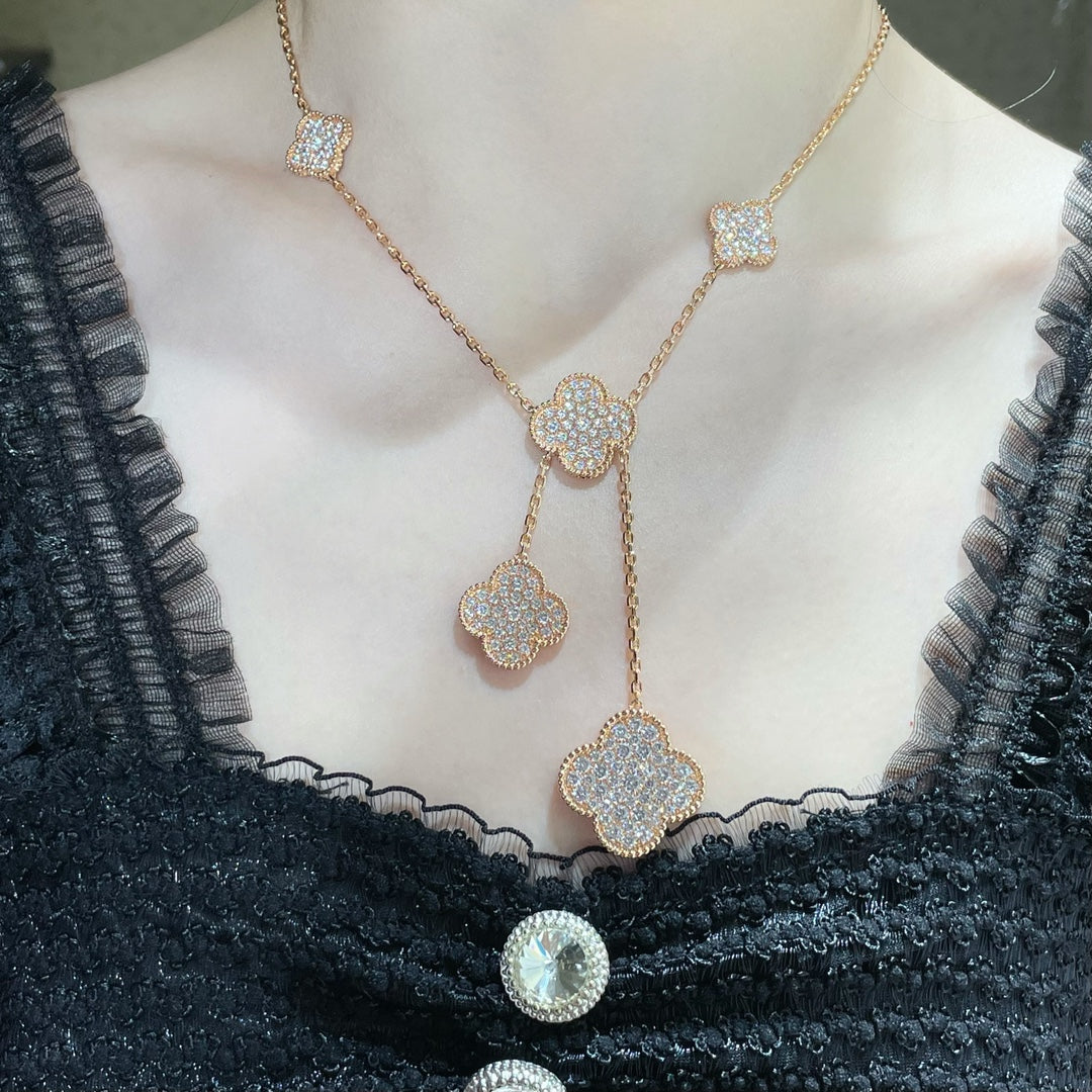 [⭐Hevara Jewelry]CLOVER 6 MOTIF DIAMOND PAVED NECKLACE