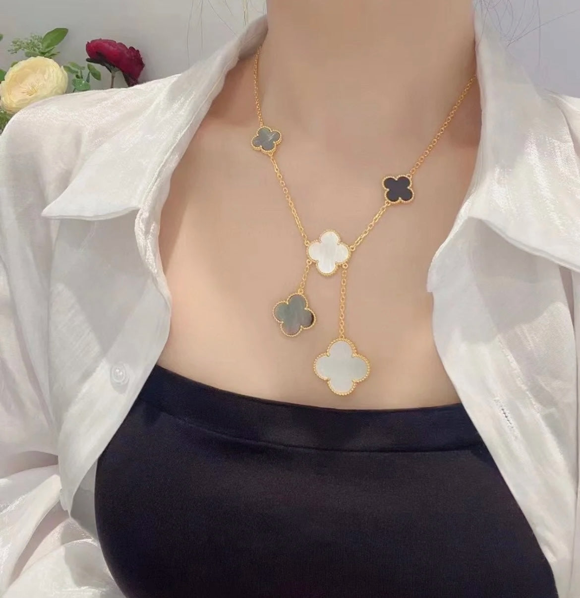 [⭐Hevara Jewelry]CLOVER 6 MOTIF MOP ONYX GOLD NECKLACE