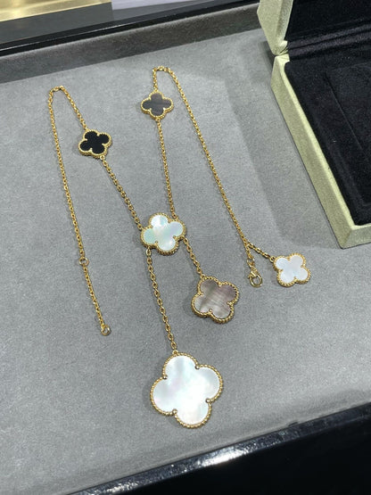 [⭐Hevara Jewelry]CLOVER 6 MOTIF MOP ONYX GOLD NECKLACE