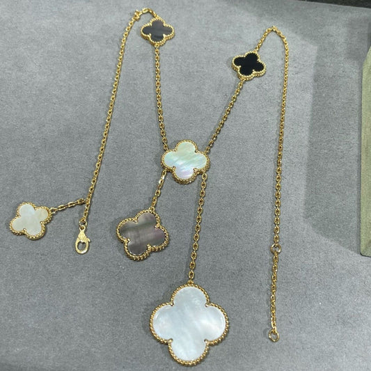 [⭐Hevara Jewelry]CLOVER 6 MOTIF MOP ONYX GOLD NECKLACE