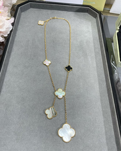 [⭐Hevara Jewelry]CLOVER 6 MOTIF MOP ONYX GOLD NECKLACE