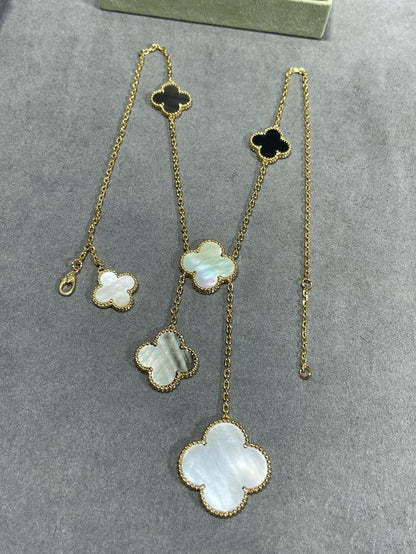 [⭐Hevara Jewelry]CLOVER 6 MOTIF MOP ONYX GOLD NECKLACE