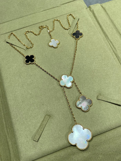 [⭐Hevara Jewelry]CLOVER 6 MOTIF MOP ONYX GOLD NECKLACE