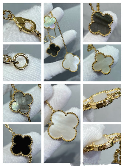 [⭐Hevara Jewelry]CLOVER 6 MOTIF MOP ONYX GOLD NECKLACE