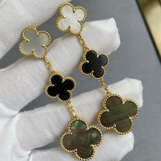 [⭐Hevara Jewelry]CLOVER 3 MOTIF MOP ONYX DARK MOP PINK GOLD EARRINGS