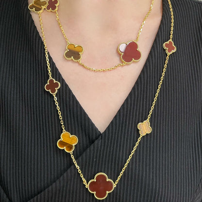 [⭐Hevara Jewelry]CLOVER 16 MOTIF CARNELIAN TIGER EYE ROSE GOLD NECKLACE