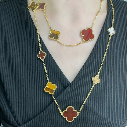 [⭐Hevara Jewelry]CLOVER 16 MOTIF CARNELIAN TIGER EYE ROSE GOLD NECKLACE