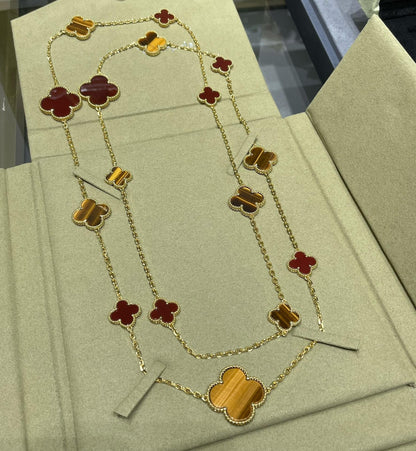 [⭐Hevara Jewelry]CLOVER 16 MOTIF CARNELIAN TIGER EYE ROSE GOLD NECKLACE