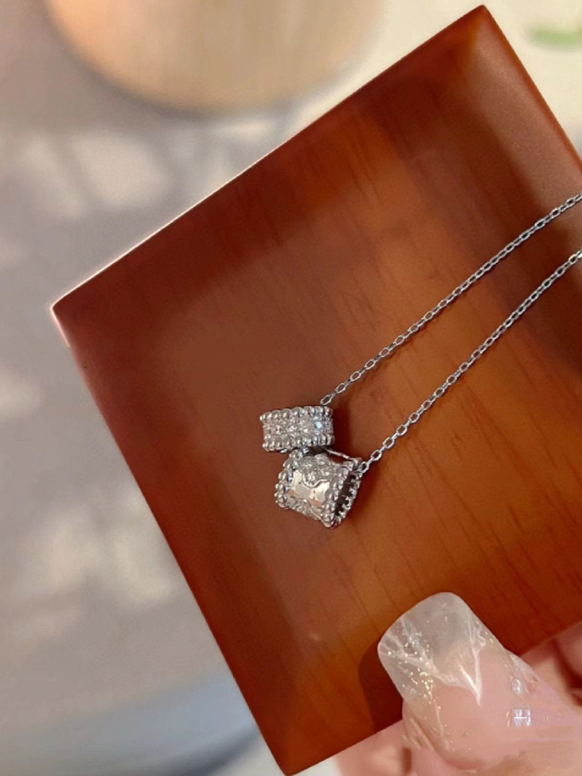 [⭐Hevara Jewelry]PERLEE DOUBLE PENDANT SILVER DIAMOND NECKLACE
