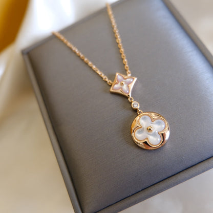 [⭐Hevara Jewelry]STAR AND SUN WHITE MOP 2 MOTIF PINK GOLD NECKLACE