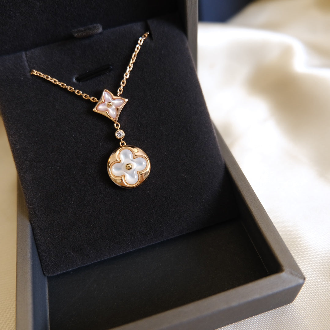 [⭐Hevara Jewelry]STAR AND SUN WHITE MOP 2 MOTIF PINK GOLD NECKLACE