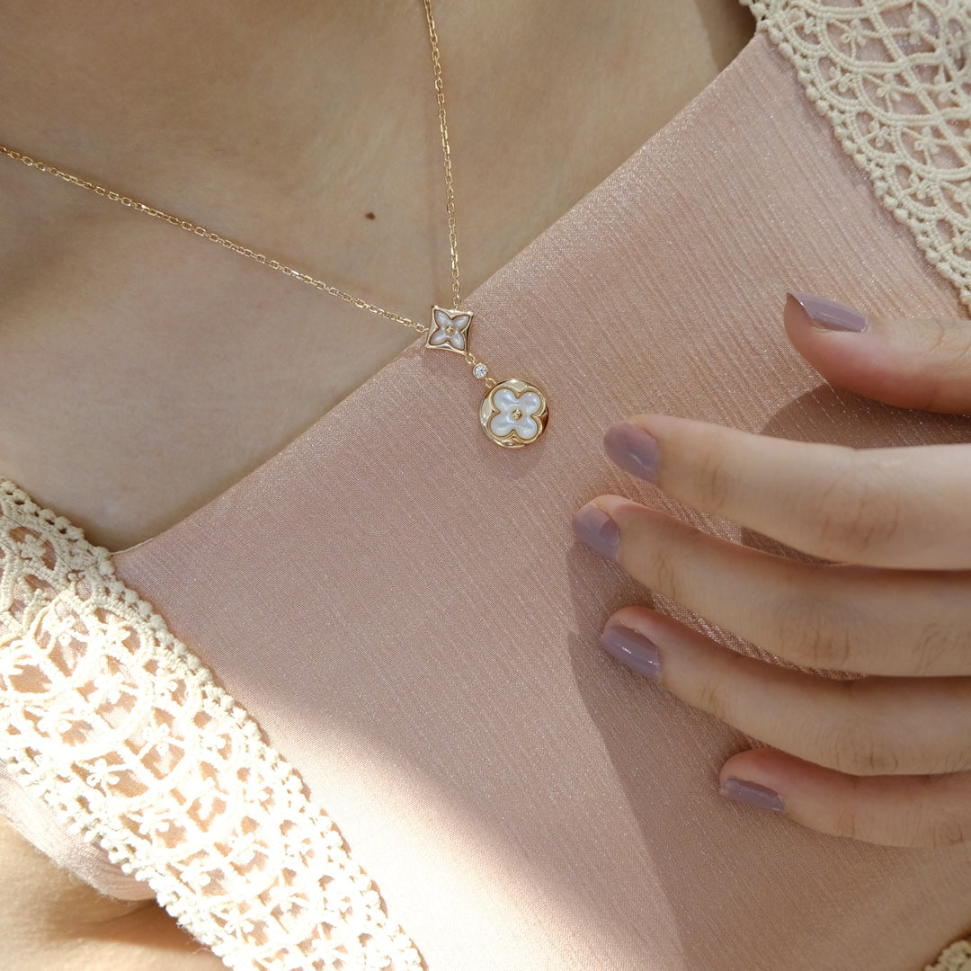 [⭐Hevara Jewelry]STAR AND SUN WHITE MOP 2 MOTIF PINK GOLD NECKLACE