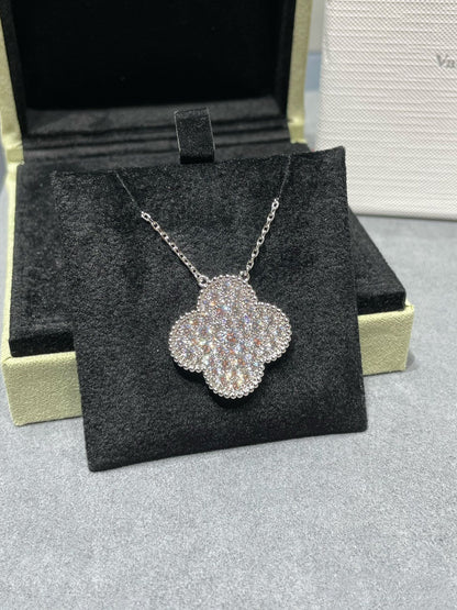 [⭐Hevara Jewelry]CLOVER 25MM LARGE PENDANT DIAMOND PAVED SILVER NECKLACE