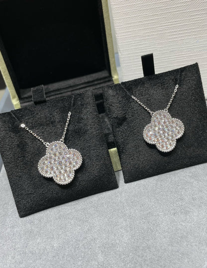 [⭐Hevara Jewelry]CLOVER 25MM LARGE PENDANT DIAMOND PAVED SILVER NECKLACE