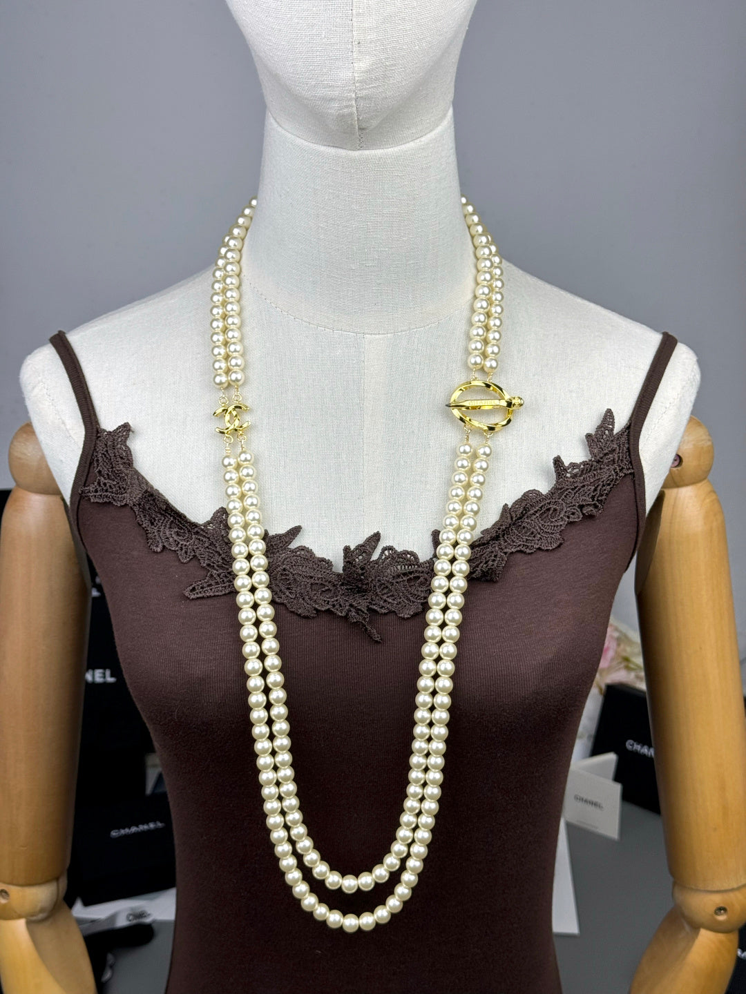 [⭐Hevara Jewelry]25K Pencil Double C Double-Layer Pearl Sweater Chain
