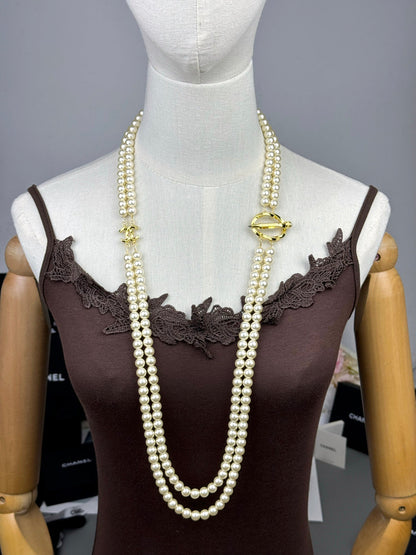 [⭐Hevara Jewelry]25K Pencil Double C Double-Layer Pearl Sweater Chain