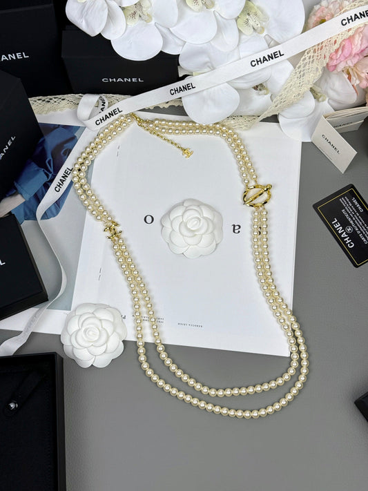 [⭐Hevara Jewelry]25K Pencil Double C Double-Layer Pearl Sweater Chain