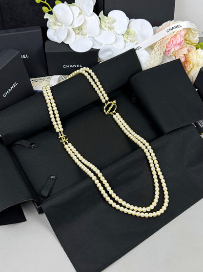 [⭐Hevara Jewelry]25K Pencil Double C Double-Layer Pearl Sweater Chain