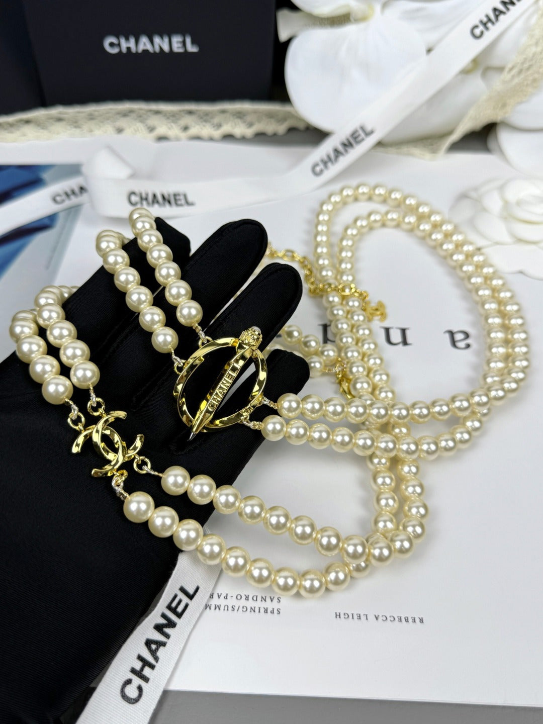 [⭐Hevara Jewelry]25K Pencil Double C Double-Layer Pearl Sweater Chain